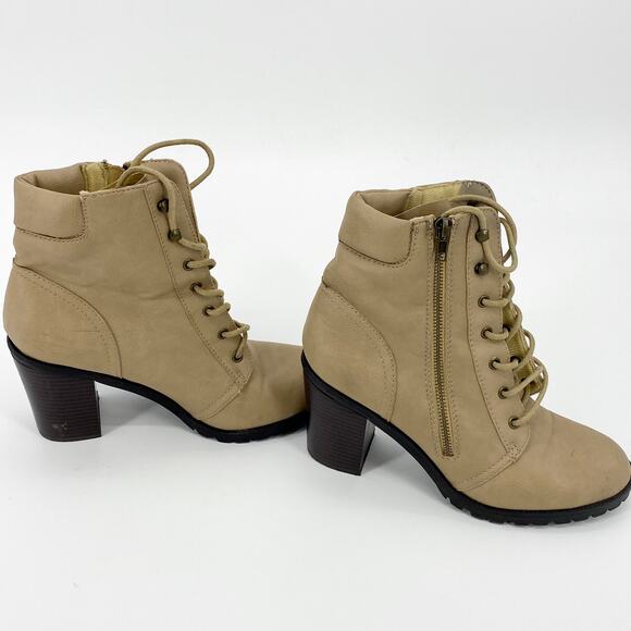 JUSTFAB Boots Tan Darma Side Zip Lace Up Heeled Bootie Women's Sz 9 - Picture 5 of 10